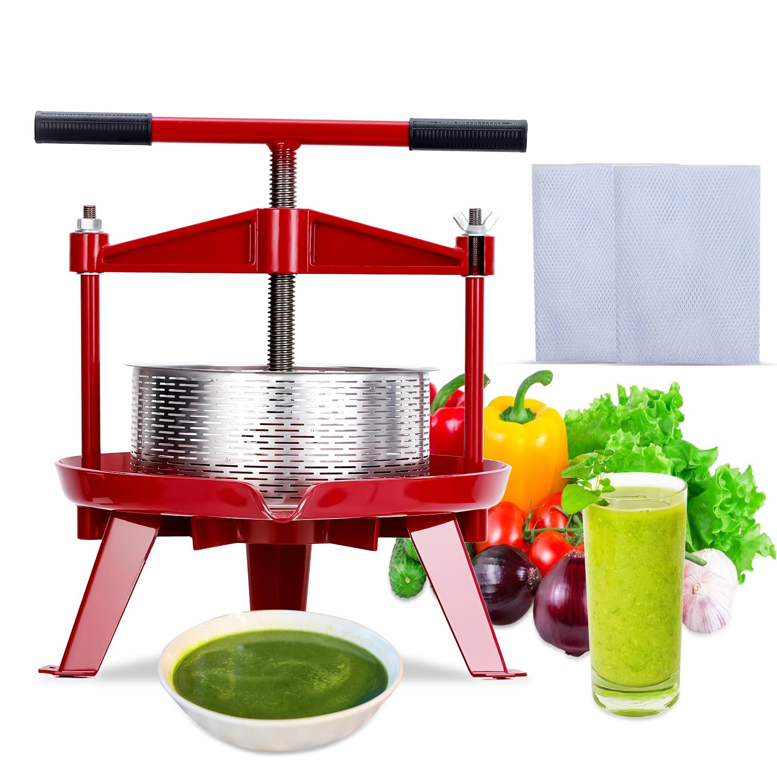 Garvee Manual Fruit Wine Press 2.38 Gal, Stainless Steel Fruit and Wine Press with T-Handle, Stable Triangular Structure, Wine Making Press for Outdoor, Kitchen