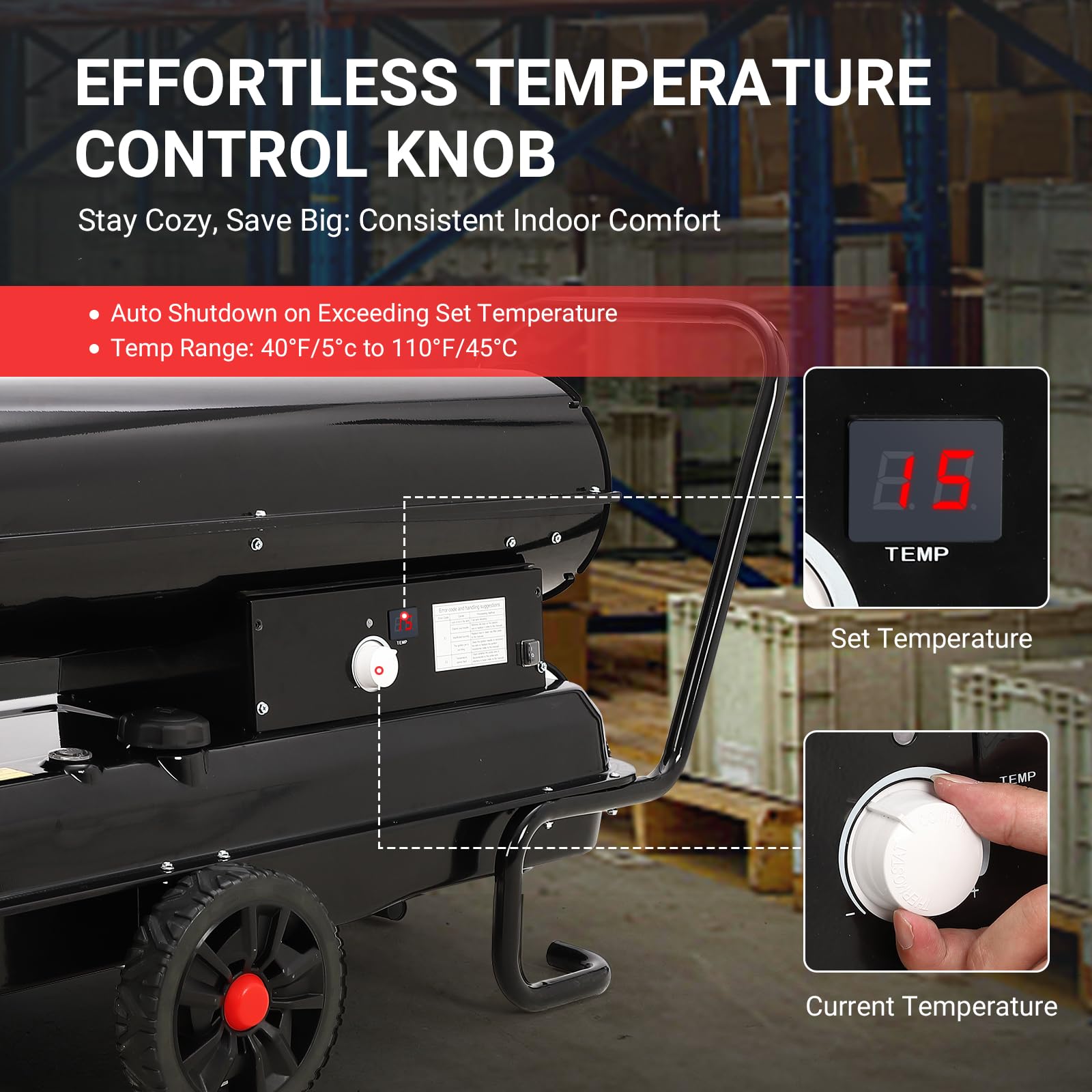 Garvee 220,000 BTU Forced Air Kerosene Diesel Heater, 120V 52L Tank, Thermostat, 1100m³/h Output, Handle, for Construction, Warehouse, Workshop, Black