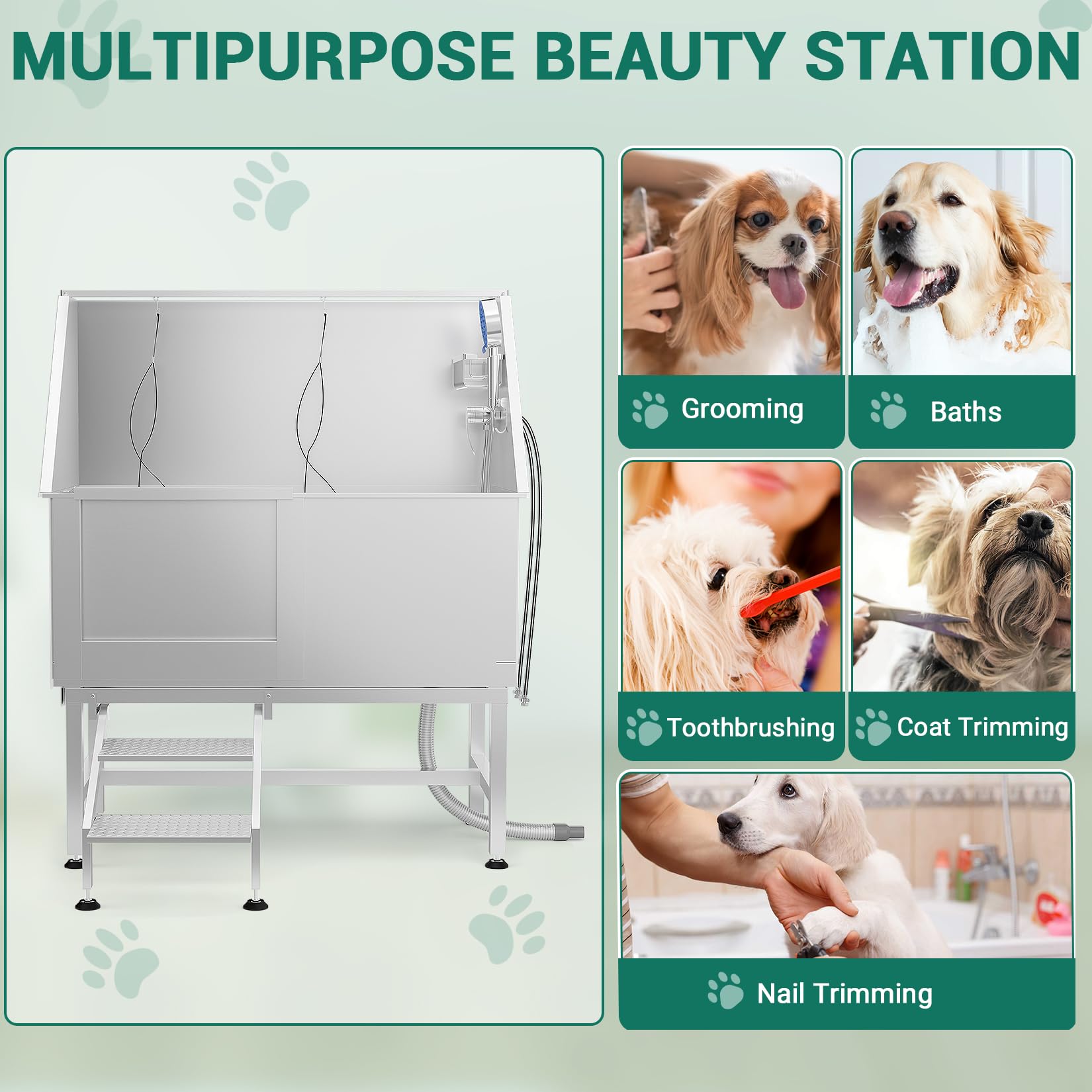 Garvee 50" Dog Grooming Tub 304 Stainless Steel Professional Dog Bathing Station with Steps Faucet & Accessories, Dog Bathtub for Large, Medium, Small Pets, Dog Washing Station for Home(Left Door)