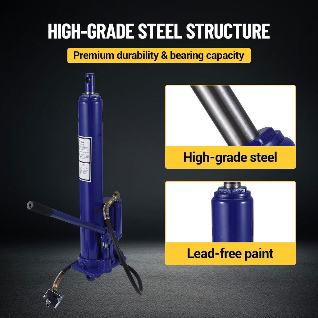 Garvee Hydraulic/Pneumatic Long Ram Jack - 8 Tons/17363 Lbs Capacity, Single Piston Pump, Clevis Base, Manual Cherry Picker Handle, for Garage Cranes & Engine Hoists