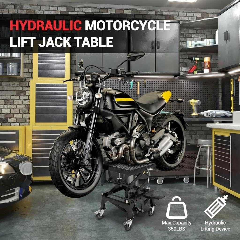 Garvee Hydraulic Motorcycle ATV Lift Jack 350LBS Foot-Pump Scissor Lift Table for Dirt Bikes Adjustable 13.78-34.25 Inches Black