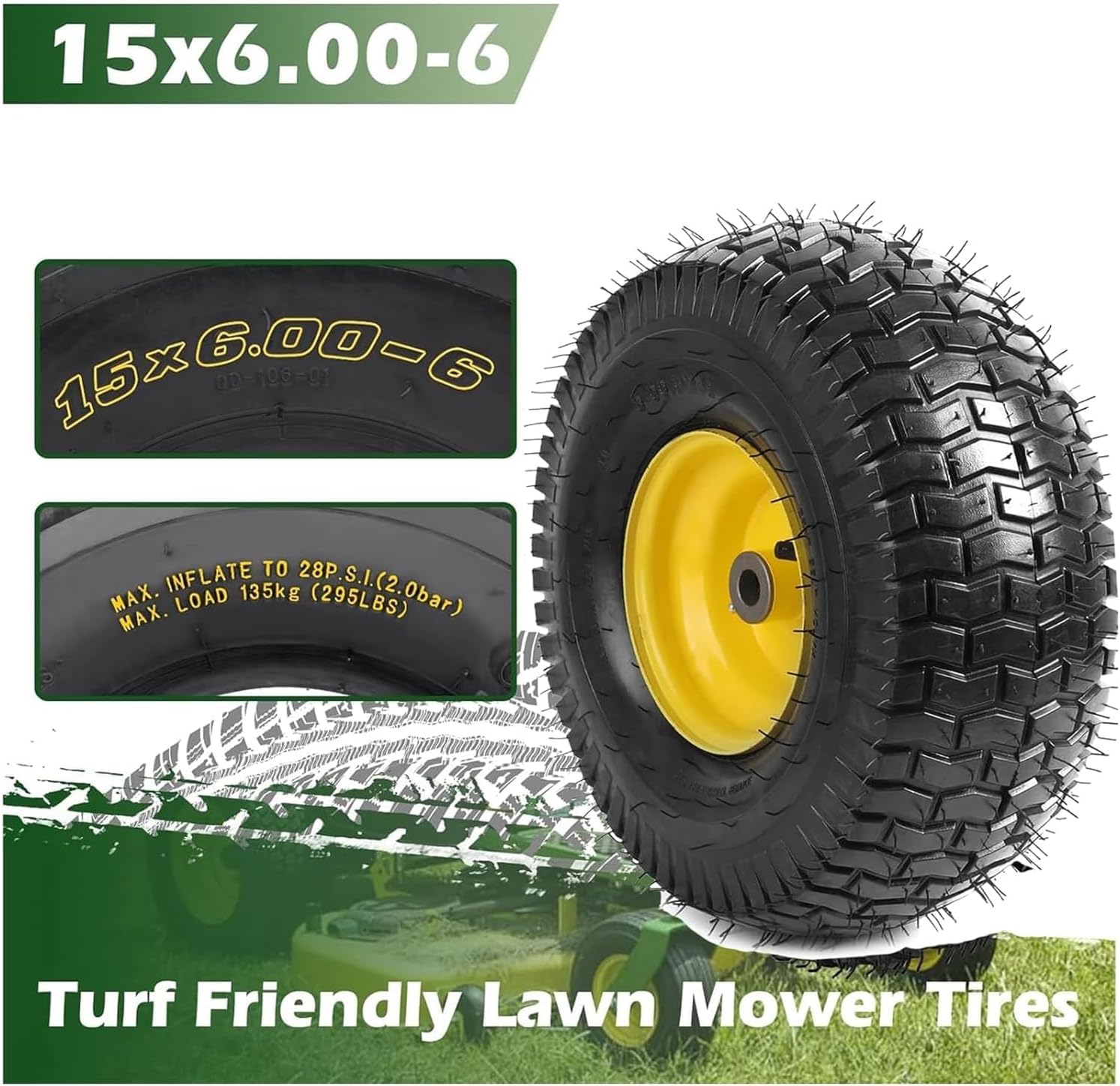 Garvee 15x6.00-6 Lawn Mower Tires with Rim (Fit Most John Deere Riding Mowers), 3" Offset Hub, 3/4" Bushing, 4 Ply Tubeless, 15x6-6 Tractor Turf Tire, 570lbs Capacity, Set of 2