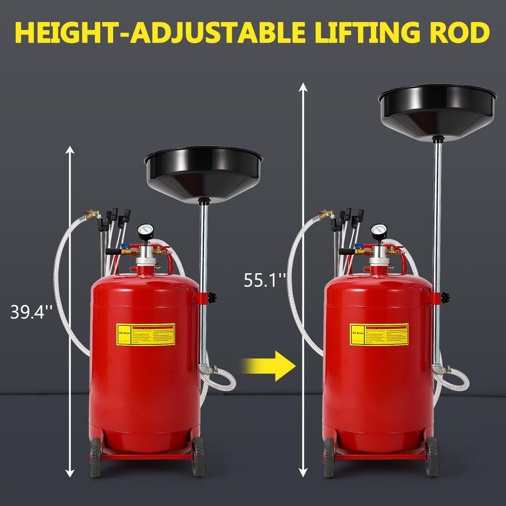Garvee 20 Gallon Oil Drain Vacuum and Extractor, Pneumatic Oil Drainer, Portable Oil Drain Container with Adjustable Funnel, Steel, Rust-Resistant, Height Adjustable，Upgraded Version Red