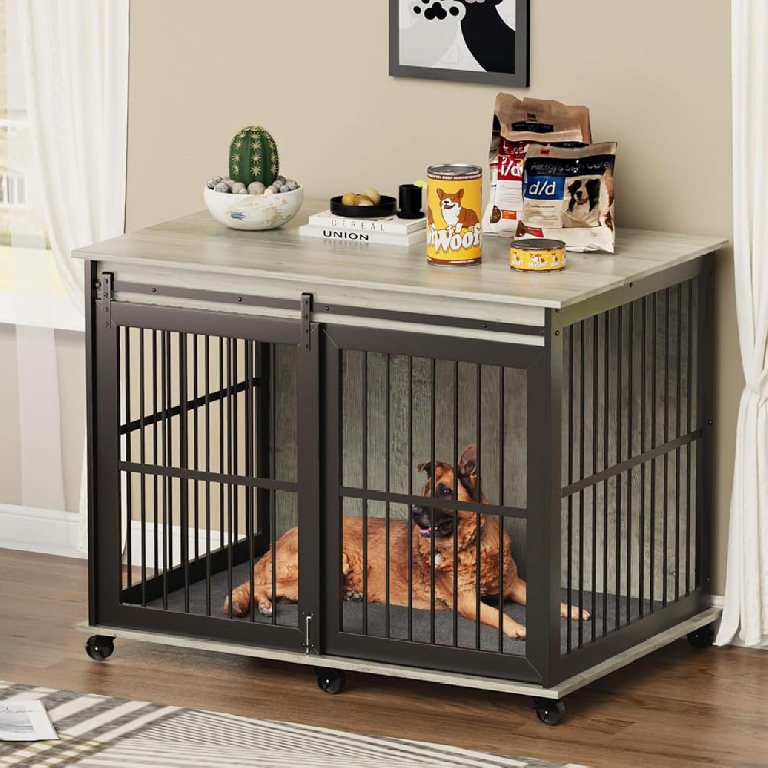 Garvee Furniture Style Dog Crates with Sliding Iron Door, Modern Decorative Pet House, Indoor Puppy Kennel for Medium Dogs, Grey