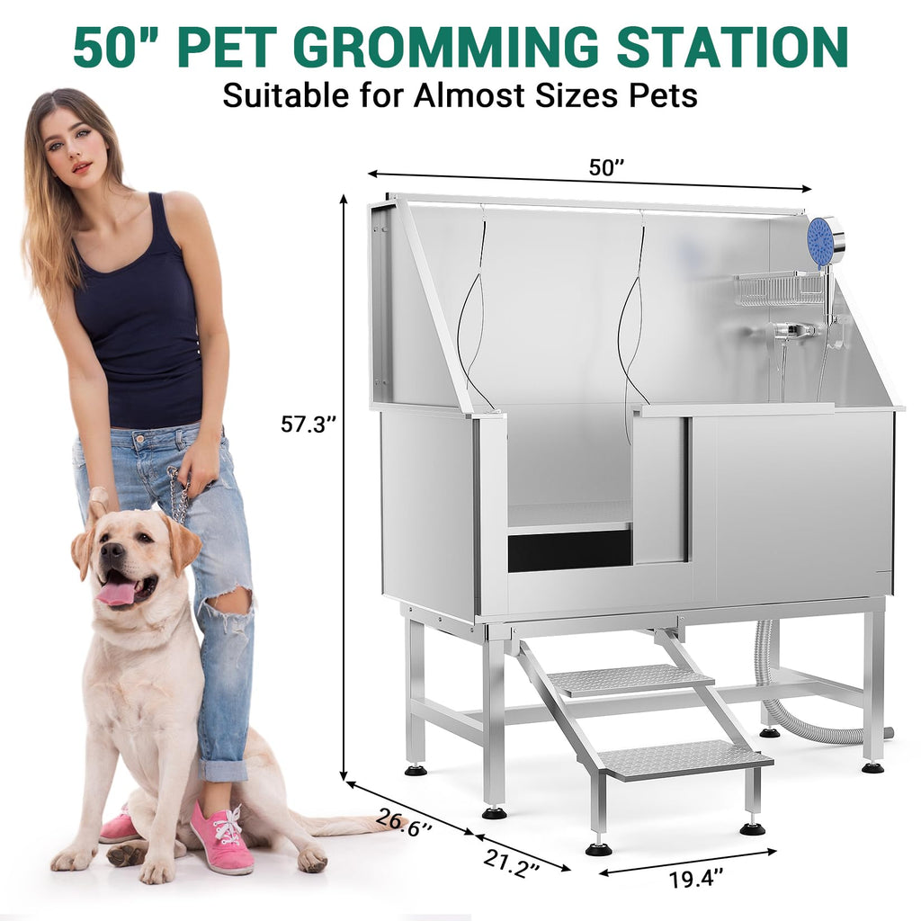 Garvee 50" Dog Grooming Tub 304 Stainless Steel Professional Dog Bathing Station with Steps Faucet & Accessories, Dog Bathtub for Large, Medium, Small Pets, Dog Washing Station for Home(Left Door)