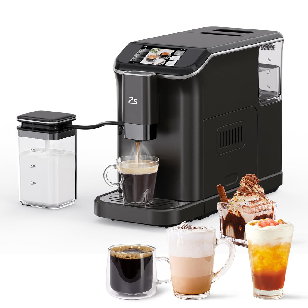 Garvee Fully Automatic Espresso Machine with Automatic Milk Frother, Built-In & Adjustable Espresso Bean Grinder, One-Touch Single/Double Shot for Espresso, 7 Coffee Varieties, 1.5 Liter, Black