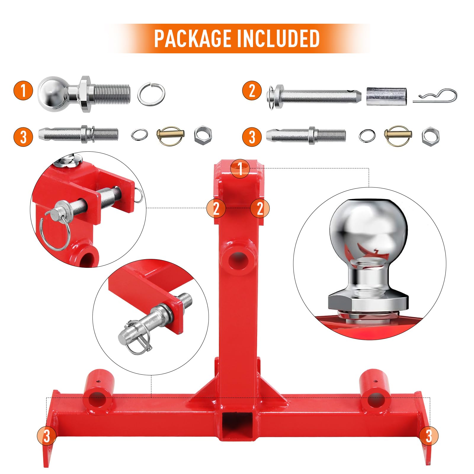 Garvee 3-Point Gooseneck Tractor Trailer Hitch with 2" Receiver Hitch and Gooseneck Trailer Ball Drawbar for Category 1 Tractor