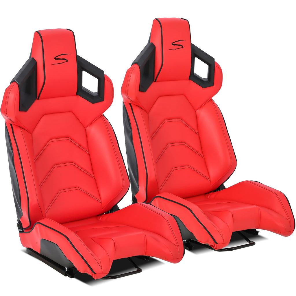 Garvee 1 Piece Universal Racing Seats with Dual Lock Sliders, PU Leather, Racing Bucket Seats, 23.6"×19.7"×37.4", Red+Black Stitching Racing Seat, Driver Side
