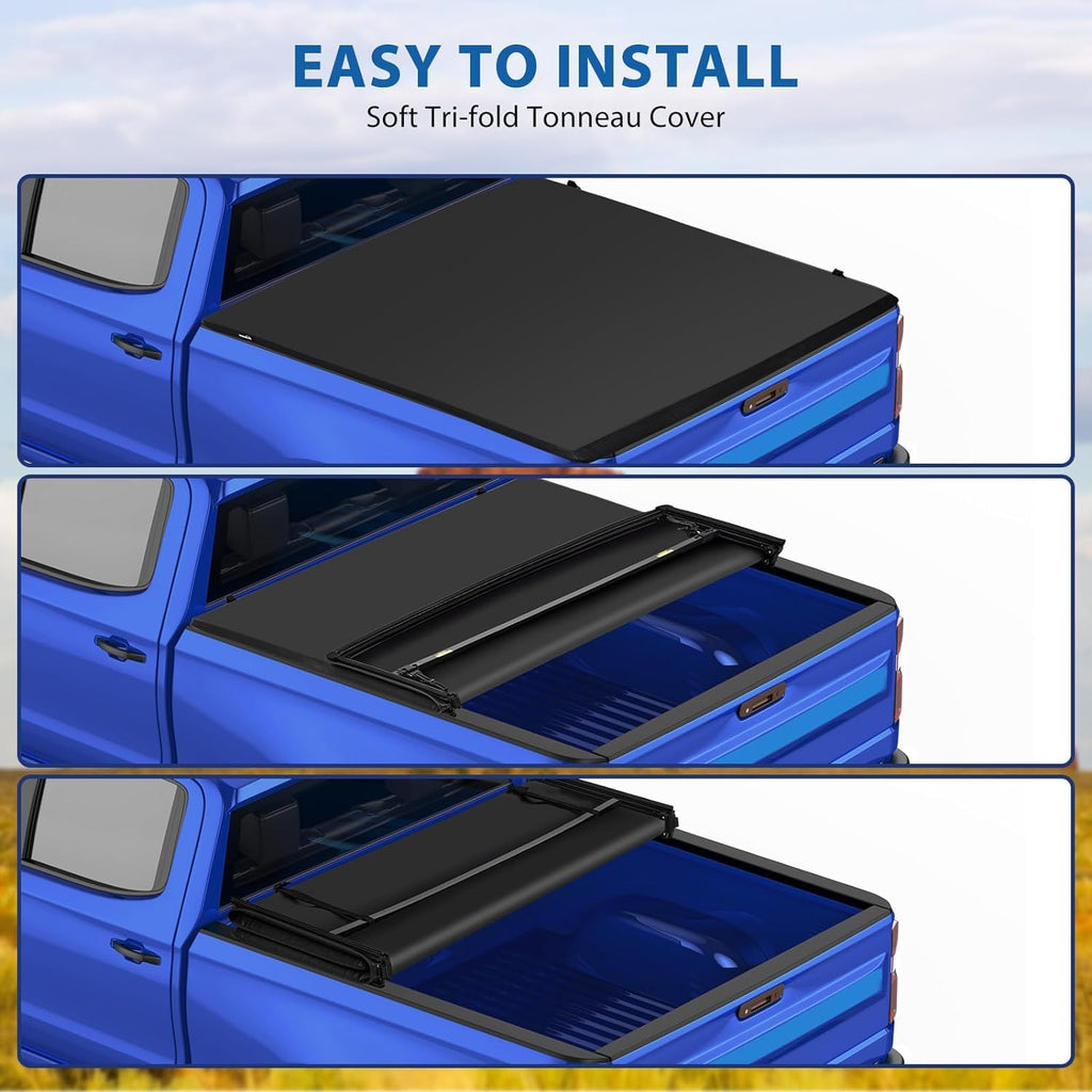 Garvee T3 Soft Tri-Fold Truck Bed Tonneau Cover for 2015-2023 Ford F150 (Incl. Lightning) , Fits 5.5' / 67" Fleetside Bed, Waterproof, Durable, Easy Install, Black
