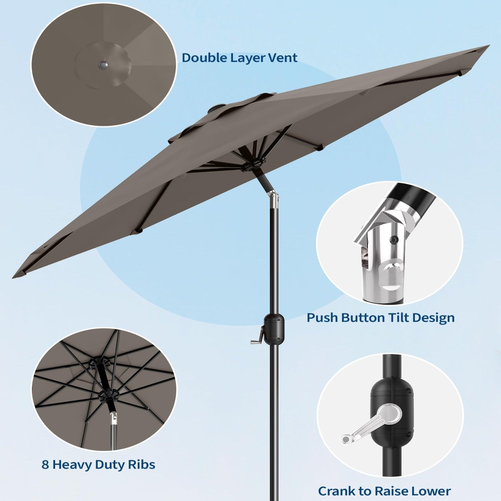 Garvee 9 ft Outdoor Patio Umbrella with 8 Sturdy Ribs, Crank Lift, Push-Button Tilt & UV-Resistant Waterproof Canopy for Pool, Deck, Yard & Garden, Taupe