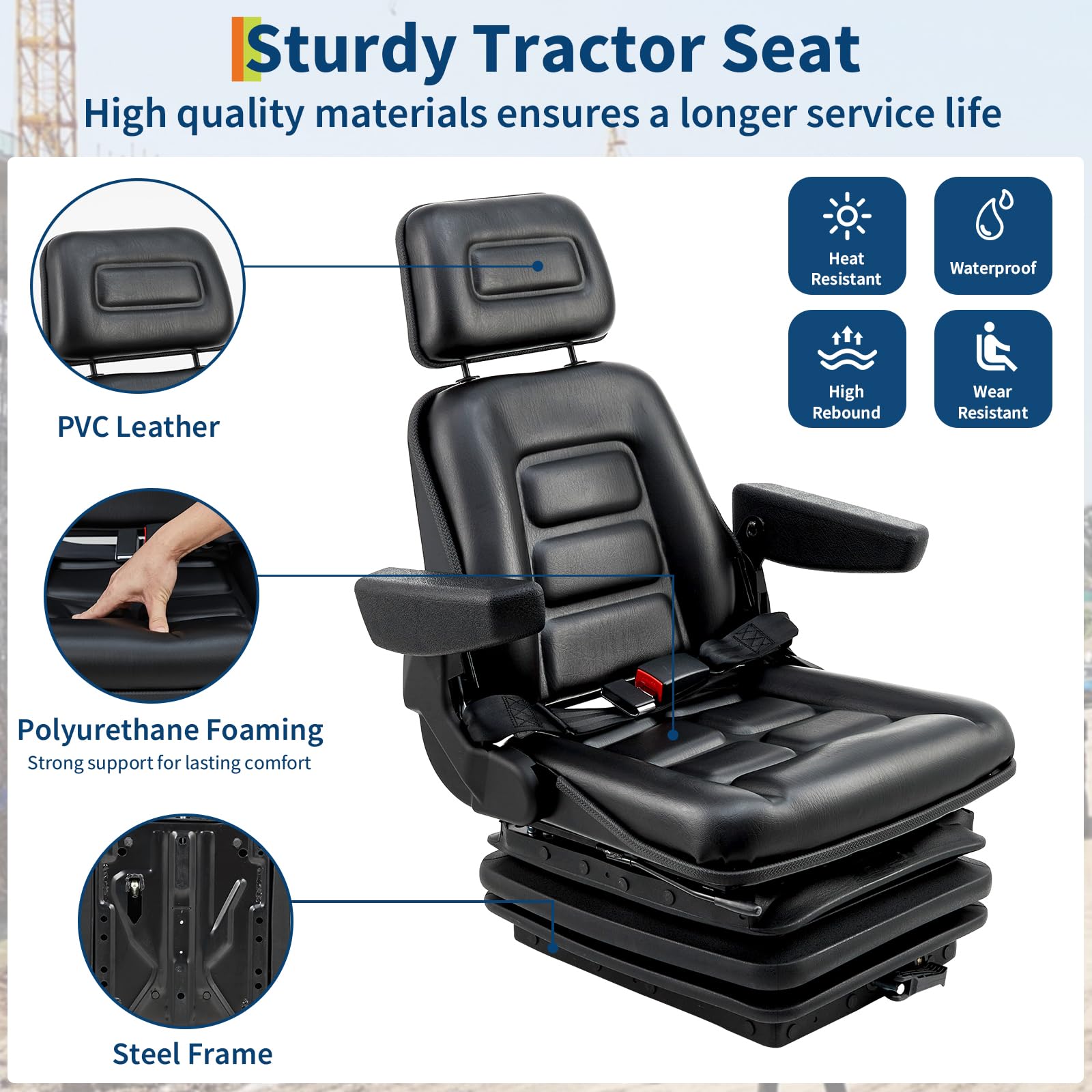 Garvee Adjustable Suspension Forklift Seat - Heavy-Duty Seat with Backrest, Headrest, Armrests, Slide Rails, and Enhanced Safety Features for Tractors, Forklifts, Excavators, and Skid Steers
