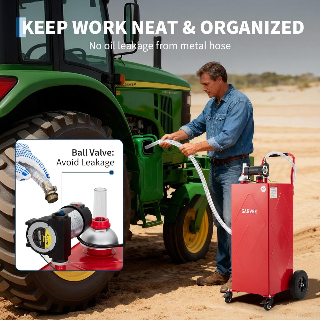 Garvee 35 Gallon Fuel Caddy with 12V Electric Pump, Heavy Duty Portable Diesel Storage Tank, 4 Wheels, Lockable Cap, Red for Cars Boats ATVs Lawn Mowers (Diesel Only)