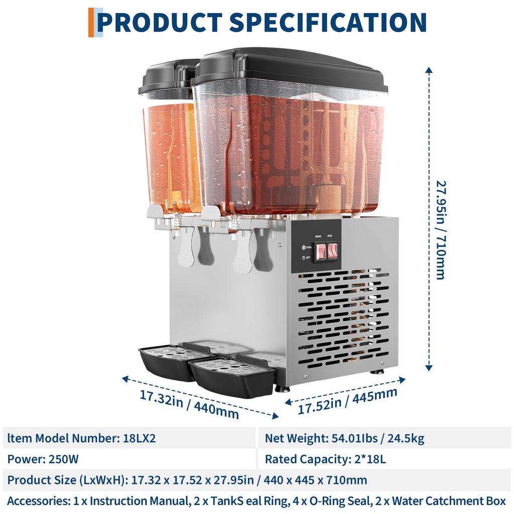 Garvee Commercial Beverage Dispenser 2 Tanks 18L Stainless Steel Juice Dispenser for Restaurant Bar Party Cold Drinks