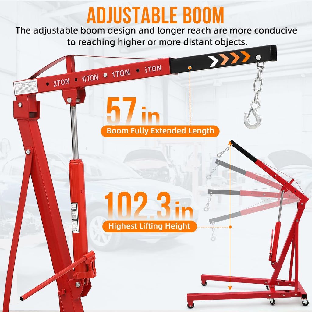 Garvee Cherry Picker Engine Hoist Folding Engine Crane 2 Ton 4400lb Heavy Duty Hydraulic Shop Crane With 6 Casters Telescopic Boom Hitch