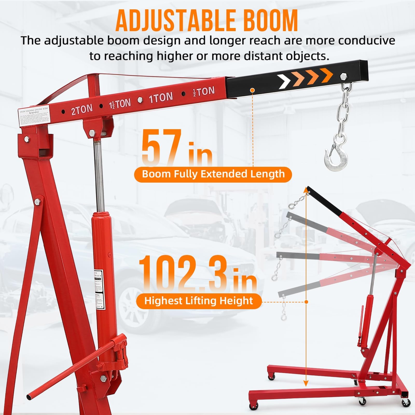 Garvee Cherry Picker Engine Hoist Folding Engine Crane 2 Ton 4400lb Heavy Duty Hydraulic Shop Crane With 6 Casters Telescopic Boom Hitch