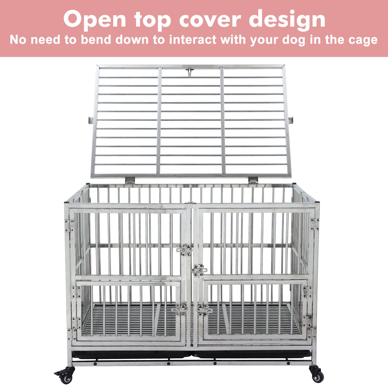Garvee 48" Heavy Duty Dog Crate Cage Kennel with Isolation Fence, Full Stainless Steel High Anxiety Indestructible Dog Crate, Small Door Design & Removable Tray Design, Silver