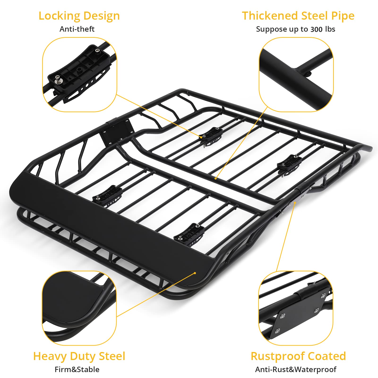 Garvee 63x43 Inch Roof Rack Basket, Heavy Duty Steel Basket Universal Rooftop Cargo Carrier, 300Lbs Load Roof Basket for SUV Pick Up Truck Cars