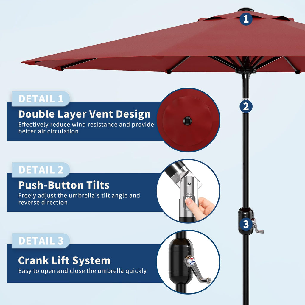 Garvee 9' Outdoor Patio Umbrella, Outdoor Table Umbrella, Market Umbrella with Push Button Tilt and Crank, 8 Sturdy Ribs UV Protection Waterproof for Garden, Deck, Backyard, Pool, Red