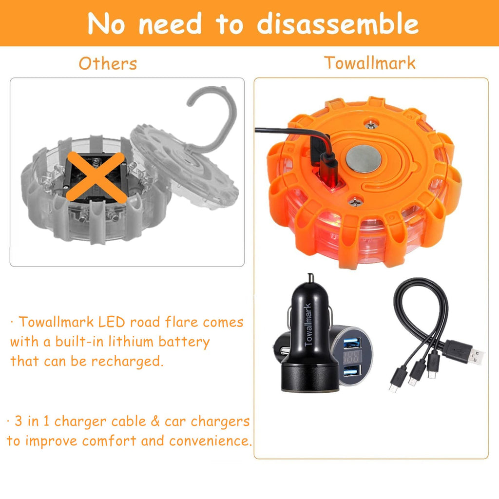 Garvee 3 Pack USB Rechargeable LED Road Flares Emergency Lights Roadside Safety Beacon Disc Flashing Warning Flare Kit with 1 USB Car Charger,Magnetic Base & Hook for Car Truck Boats (Batteries Included)