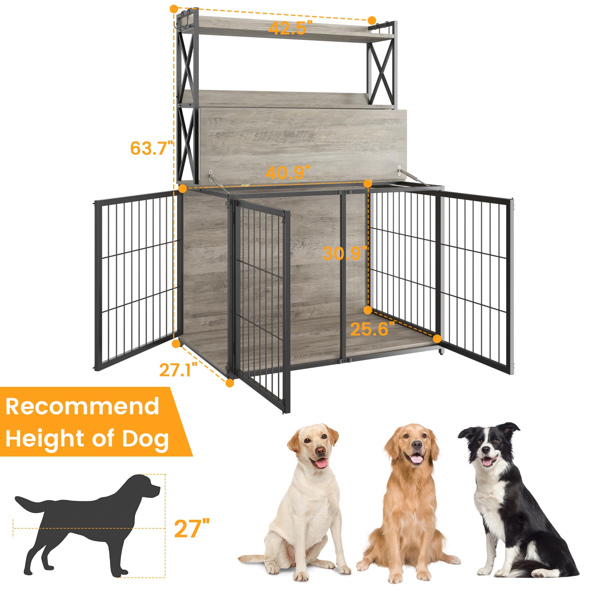 Garvee Wooden Dog Crate Furniture End Table with Flip Top and Movable Divider, 42.5 Inch Dog Cage with Storage Shelves, Large Dog Kennel Indoor Furniture with 3 Doors, Grey