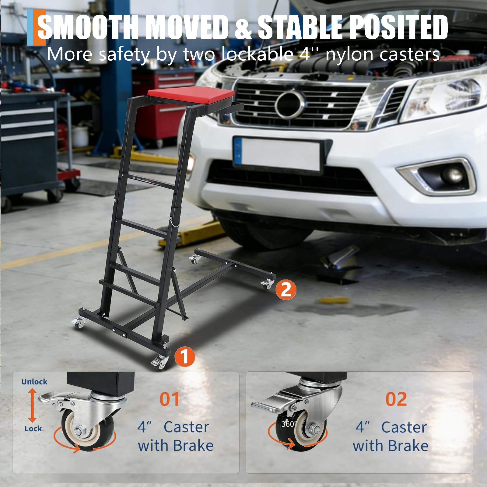 Garvee Heavy-Duty Foldable Automotive Engine Creeper, Adjustable Height 45" to 66", 400 lbs Capacity, 4 Brake Wheels, Storage Tray, and Padded Deck for Auto Repair & Trucks