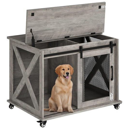 Garvee Dog Crate Furniture with Sliding Barn Door, Flip Top Furniture Style Dog Crate End Table with Wheels, Indoor Dog Kennel House with Removable Divider, Gray