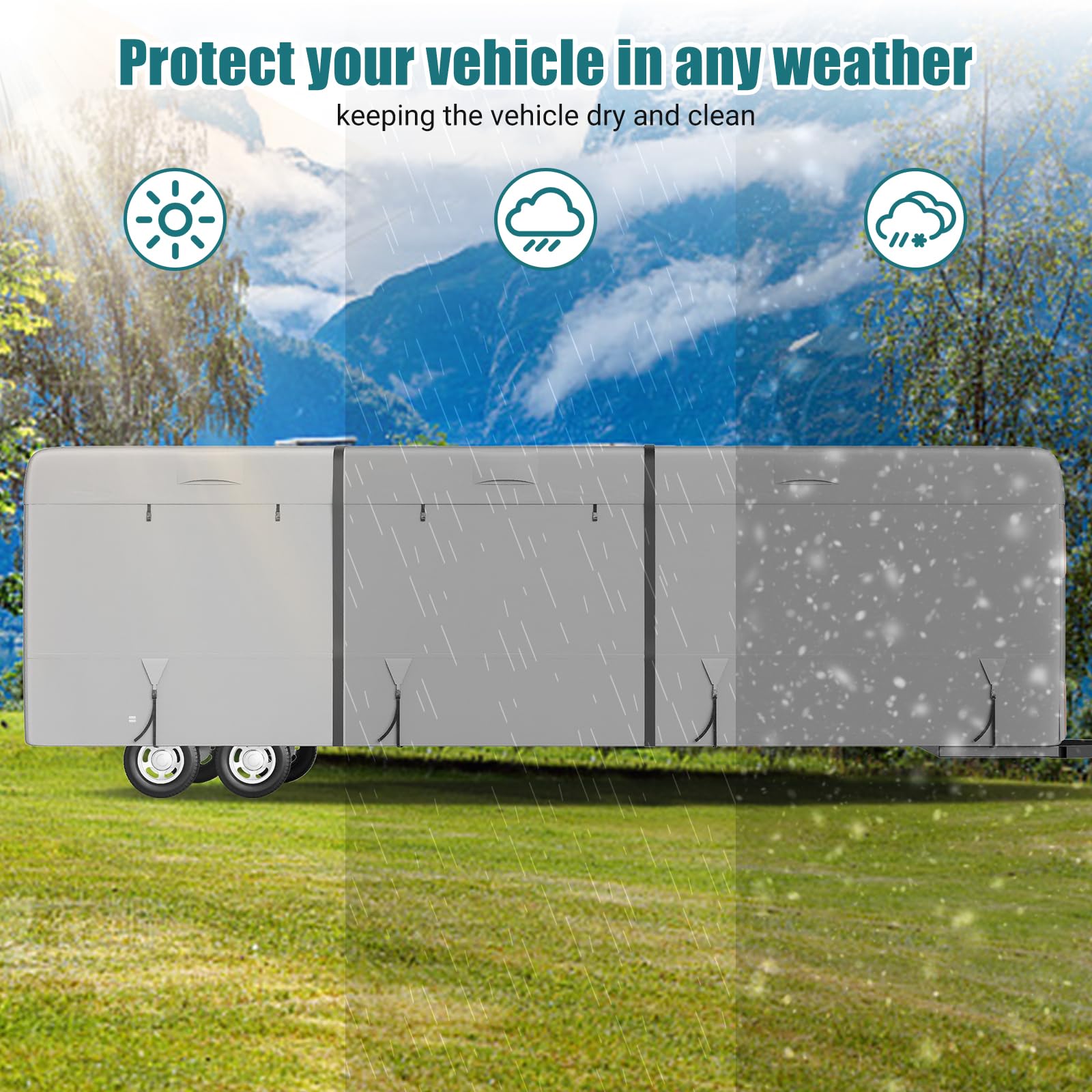 Garvee RV Cover, 22’-24’ Heavy Duty RV Travel Trailer Cover, Windproof Waterproof 4 Layers Non-Woven Fabrics Top Cover with Adhesive Repair Patches, Reflective Strips, Rich Accessories, Grey