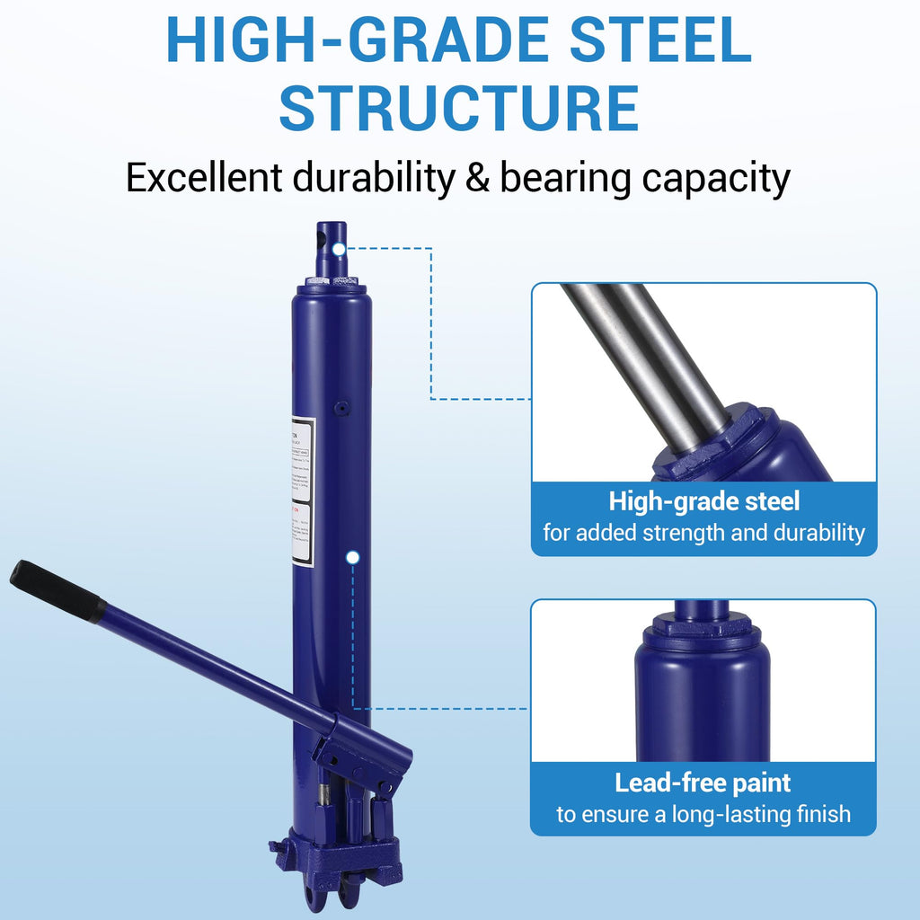 Garvee 8 Ton Hydraulic Long Ram Jack - Manual Cherry Picker with Double Piston Pump, Clevis Base, and Handle for Garage Shop Cranes and Engine Hoists, Blue