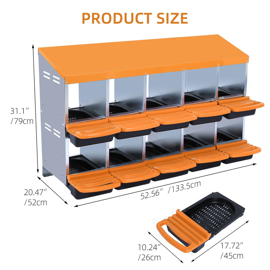 Garvee Chicken Nesting Box 10-Hole Roll Away Egg Laying Box with Lid Heavy-Duty Galvanized Steel Rustproof Design Wall-Mountable Orange