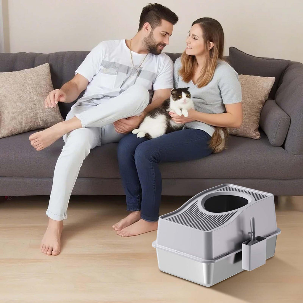Garvee Stainless Steel Cat Litter Box with Hollow Lid and Heightened Lid Anti-Splashing, Top-Entry Deodorizing Large Cat Toilet, Grey, 60x40x39.5cm, Basin 20cm High