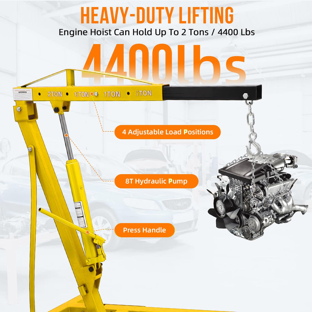 Garvee 2-Ton Engine Hoist with Lever - Heavy-Duty Folding Cherry Picker Engine Lift Hydraulic Shop Crane, 4000 lbs Capacity, Yellow