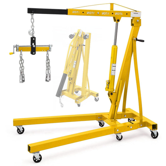Garvee 2-Ton Folding Hydraulic Engine Hoist - 4000 lbs Cherry Picker Engine Lift with Lever, Telescopic Boom, Hydraulic Tilting, 6 Iron Caster Wheels, and Hitch, Yellow
