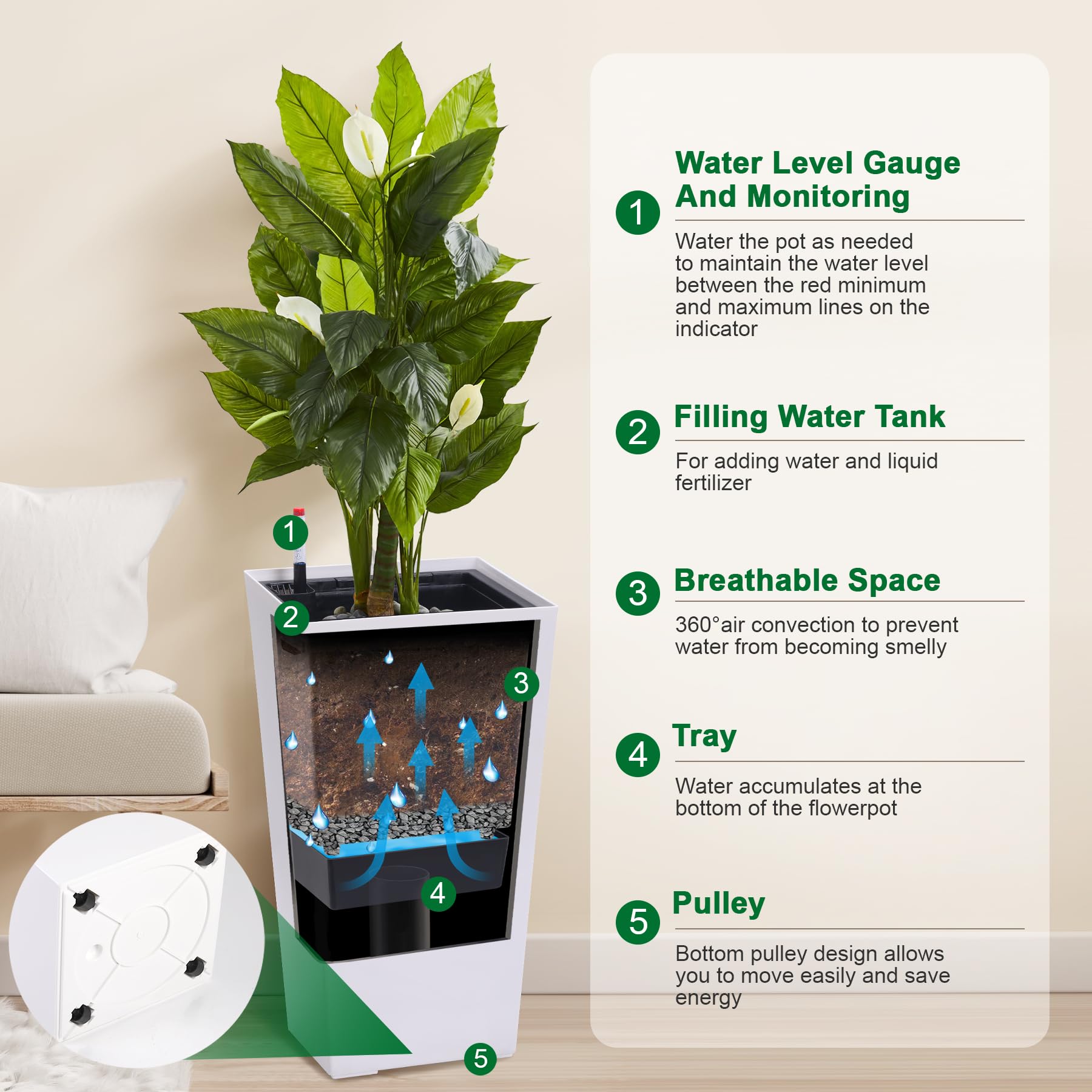 Garvee 30" Tall Planter Set of 2,Heavy Duty Tall Planter,High Front Porch Planter Pots with Drainage Holes＆Water Level Monitor＆Inner Bucket, Automatic Watering,Indoor/Outdoor Grande Plant,Tree,White…