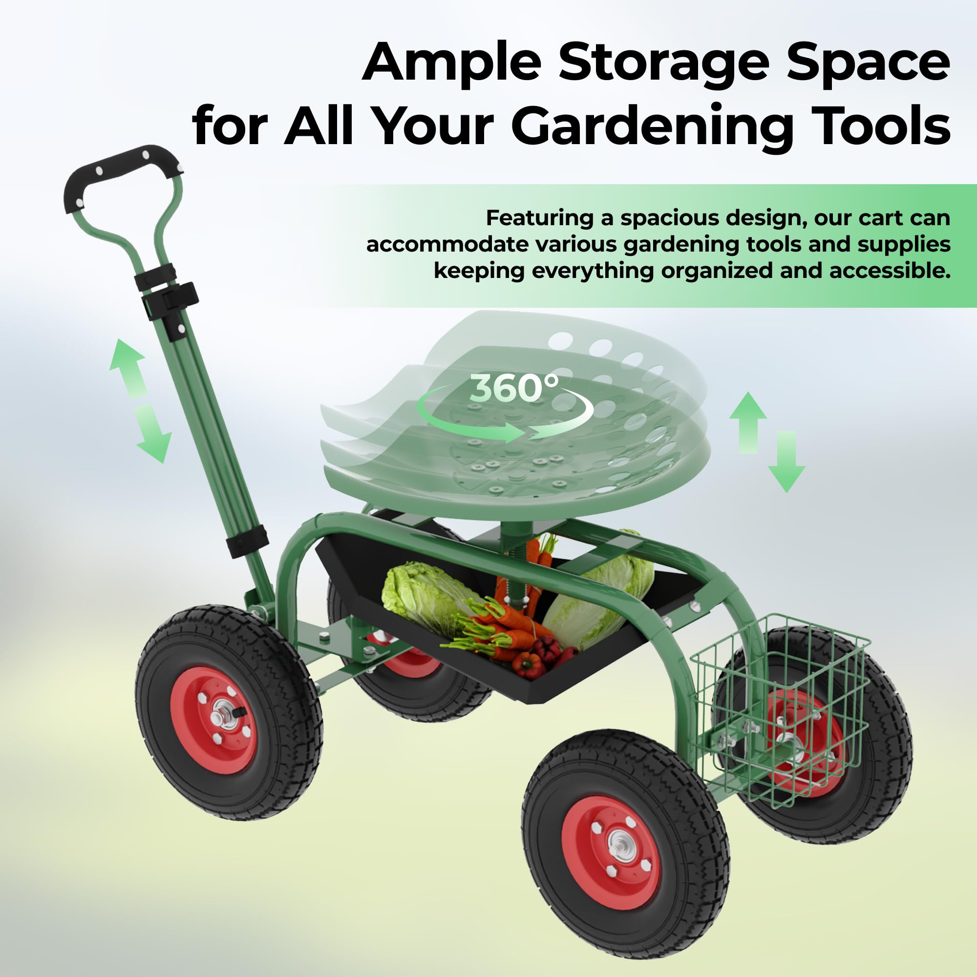 Garvee 300 lbs Garden Cart  360° Swivel Adjustable Seat Yard Wagon for Gardening Enthusiasts