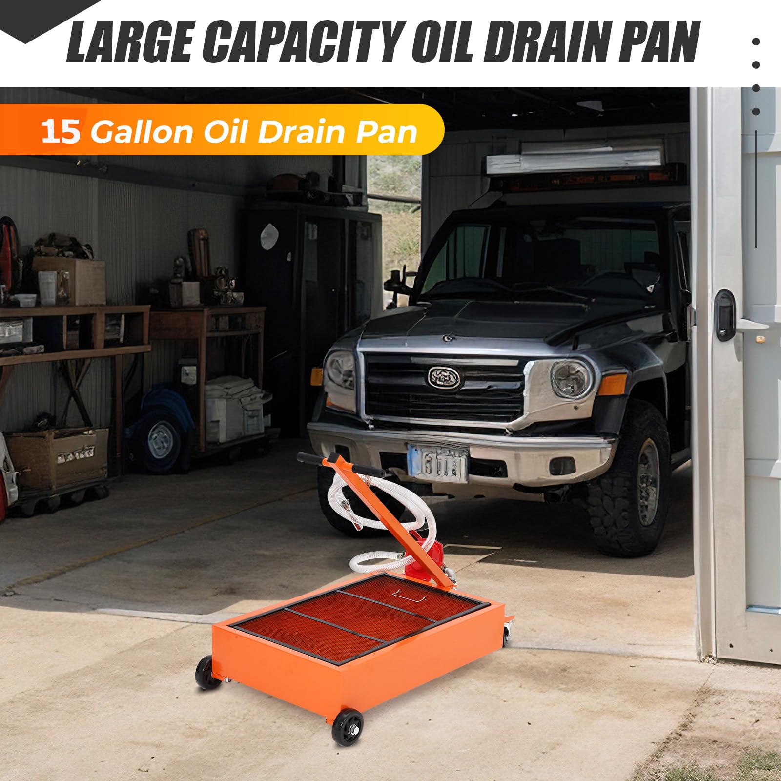 Garvee Oil Drain Pan, 15 Gallon Low Profile Oil Drain Pan with Hand Pump,57L Oil Change Pan with 8ft Hose & Folding Handle, Rolling Oil Drain Cart for Car, SUV, Trucks Oil Draining