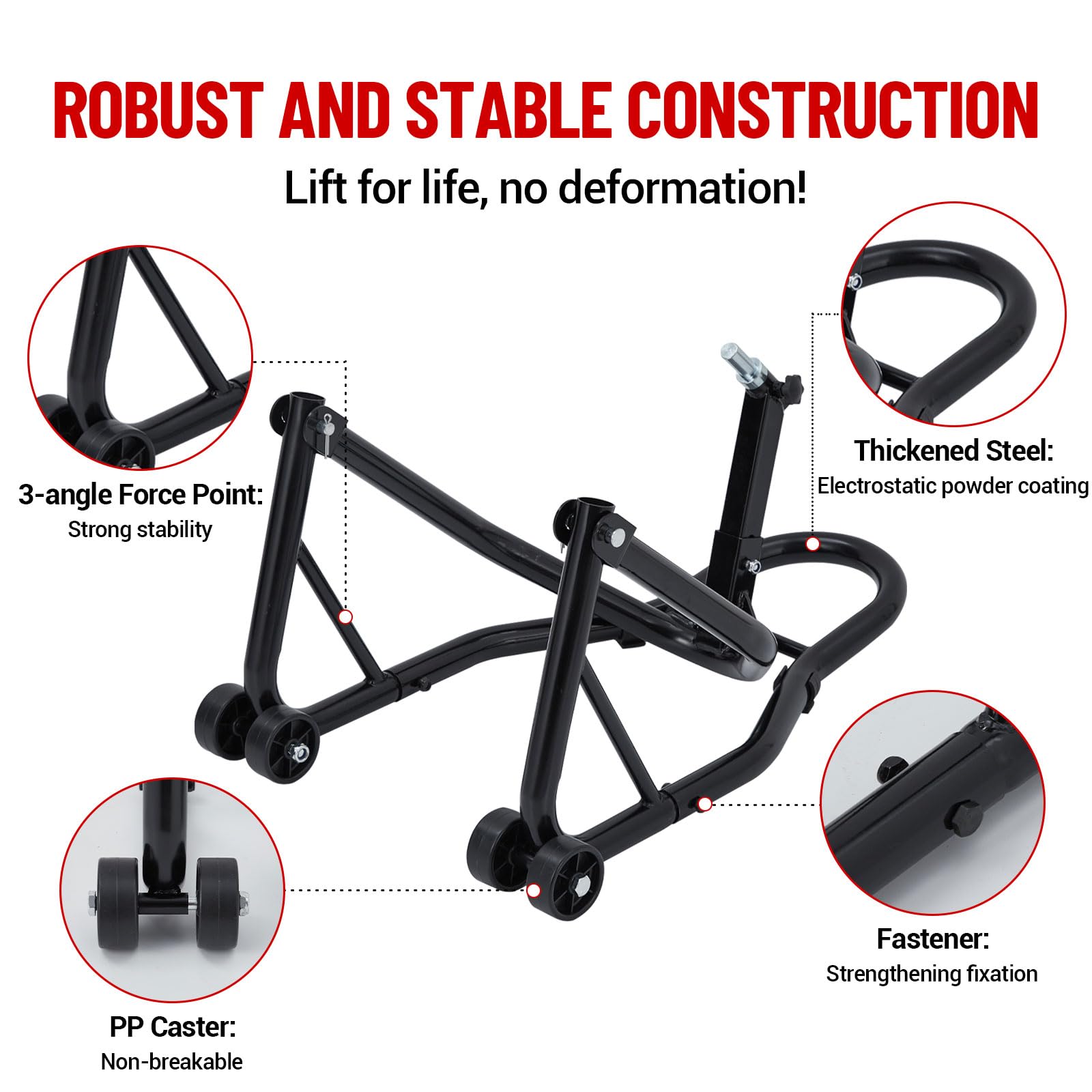 Garvee Motorcycle Rear Stand – 850 lbs Heavy-Duty Swingarm Spool Lift, U-Fork Design – Universal Fit for Most Bikes, Black