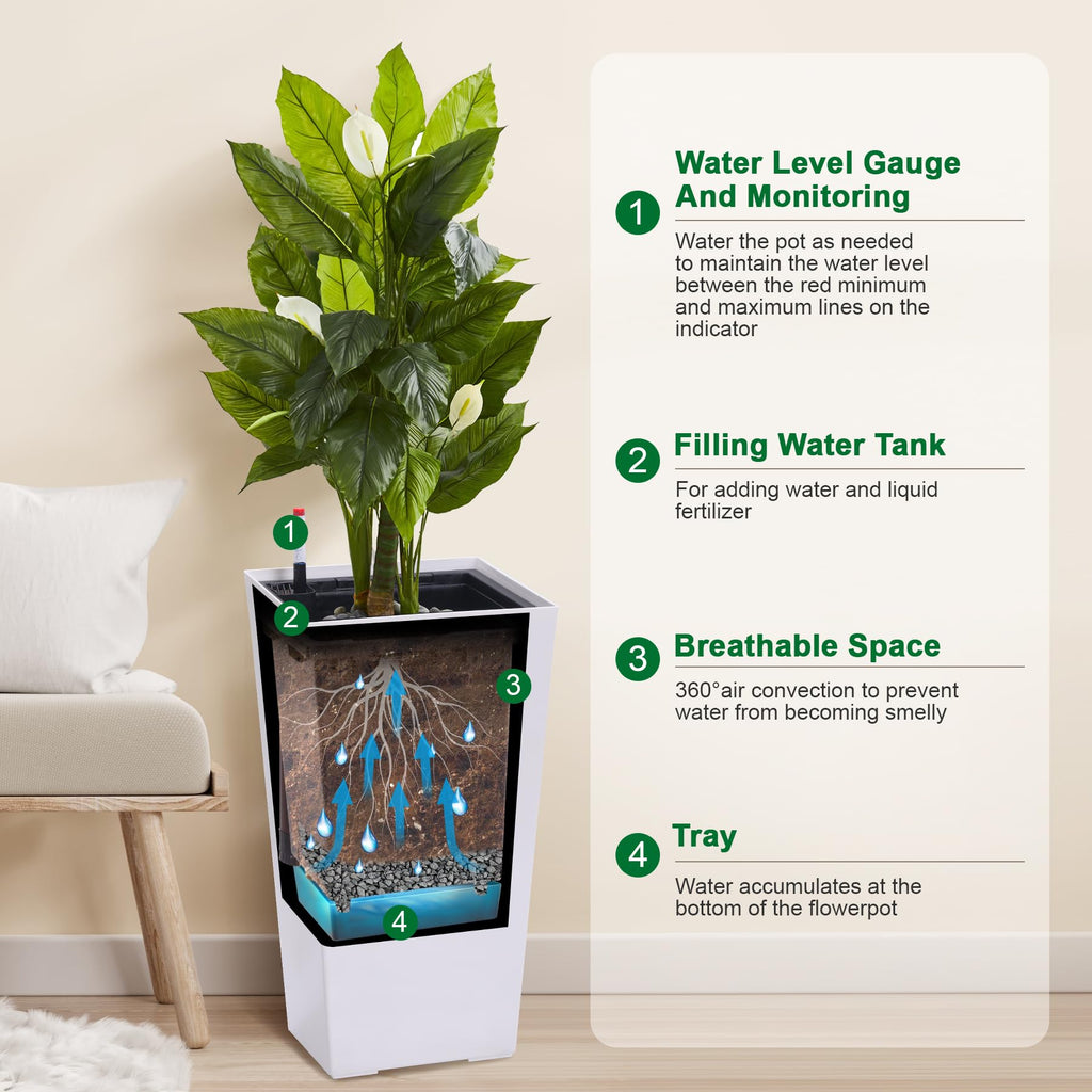 Garvee 23" Tall Planters Set of 2 - Modern Indoor/Outdoor Plant Pots with Drainage Holes, Water Level Monitor, Inner Bucket & Automatic Watering, White