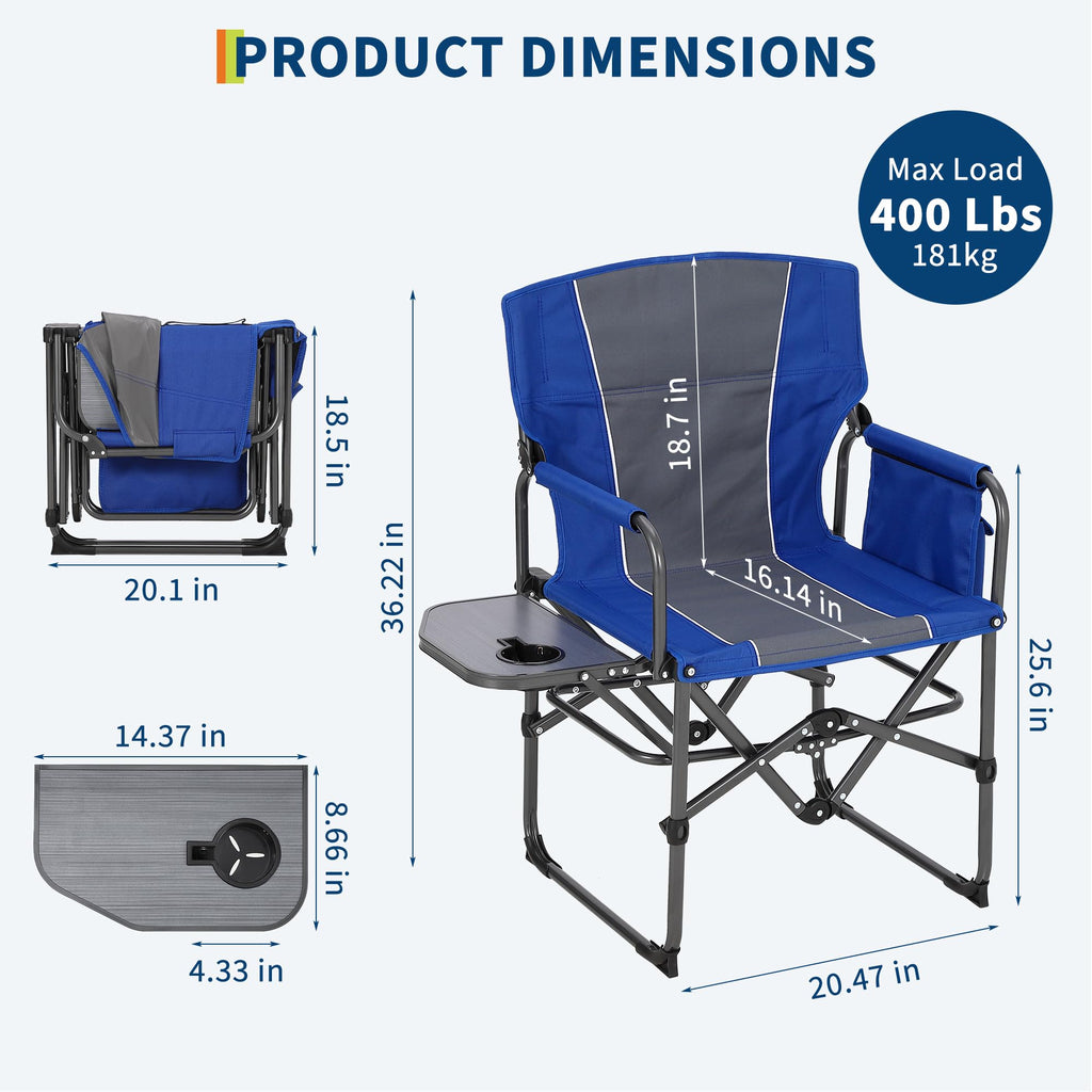 Garvee Oversized Portable Camping Directors Chair With Side Table & Detachable Pockets For Fishing Beach Picnic Concert Lawns, 31.89x19.69x36.22
