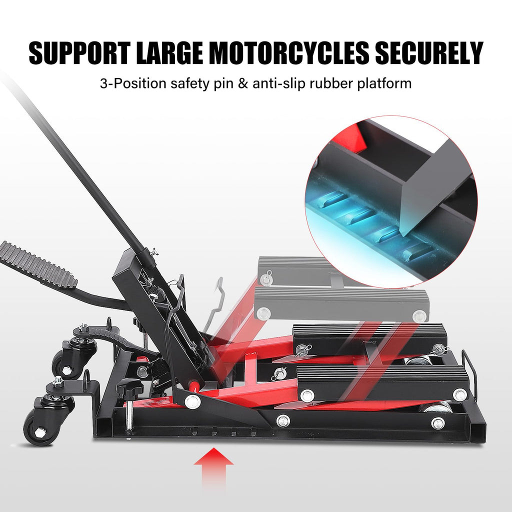 Garvee Hydraulic Motorcycle Lift Jack, 1500 Lbs Capacity Scissor Lift Jack with 4 Wheels and Handle, Portable Foot-Operated Hoist Stand Motorcycle Lift Table for ATV, Motorcycle, UTV, Powersports
