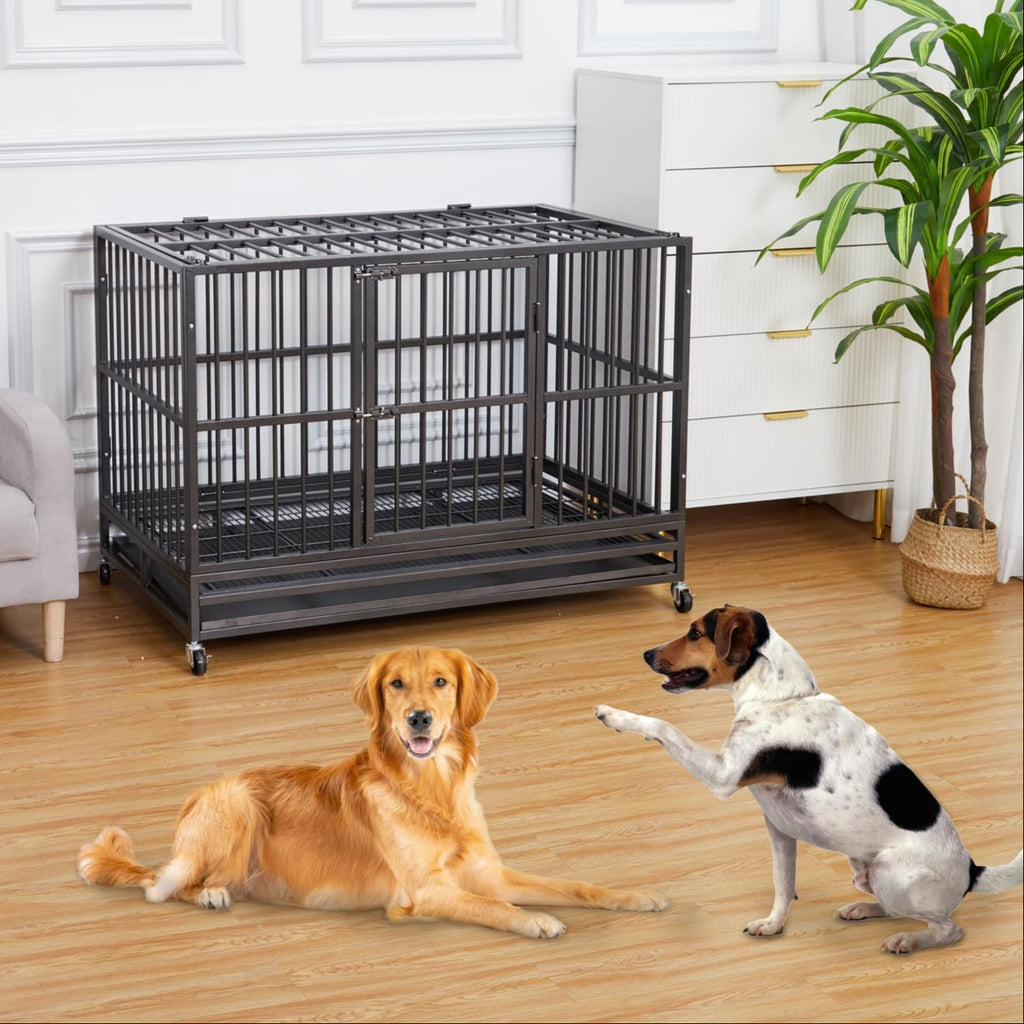 Garvee 48" Heavy Duty Dog Crate, Cage Kennel with Wheels&Brakes, High Anxiety Indestructible, Sturdy Locks Design, Double Door and Removable Tray for Large Pets(Black)
