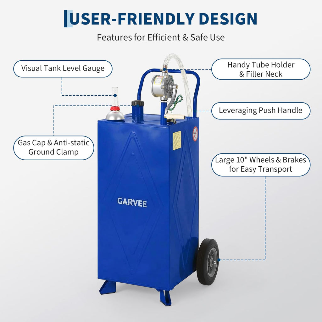 Garvee 30 Gallon Fuel Gas Caddy, Portable Storage Tank with Wheels and Manual Hand Pump for Gasoline and Diesel Transfer, Suitable for ATV, Car, Mower, Tractor, and Boat, Blue