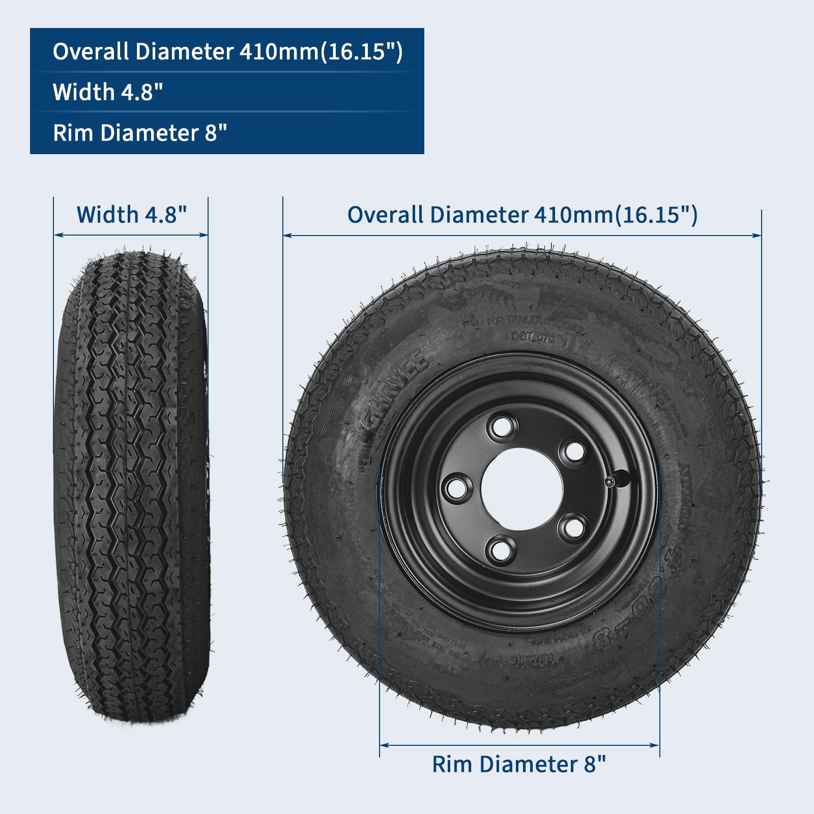 Garvee 4.80-8 Trailer Tires with Rims, 2 Pack, Load Range C 6PLY, 8"x3.75" Black Wheels 5 Lug on 4.5", Max Load 590 LBS @ 60 PSI, Reinforced Nylon Design for Utility, Cargo & Boat Trailers