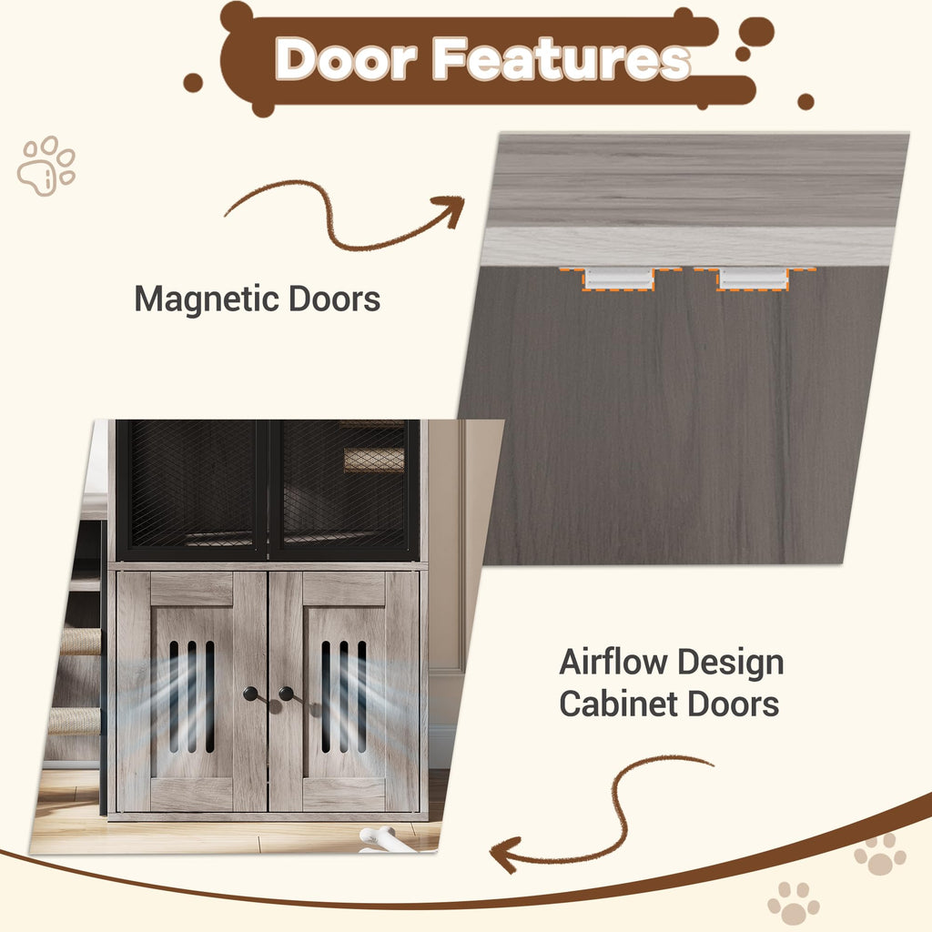 Garvee Cat Litter Box Enclosure with Doors, Double Cat House with Storage, Ladder, Grey, 22.6"L x 17.7"W x 10.9"H