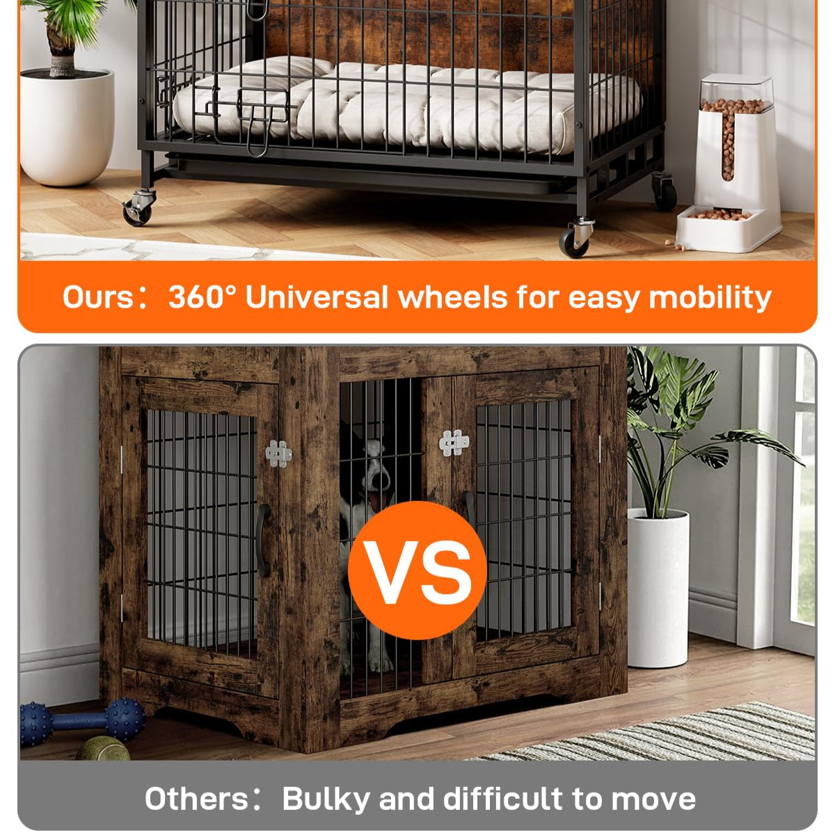 Garvee Dog Crate Furniture, 38.6" Dog Kennel Indoor Double Doors, Wooden Dog Cage with Pull-Out Tray & Removable Wheels, Decorative End Table Pet House Chew-Resistant for Large Dog, Brown