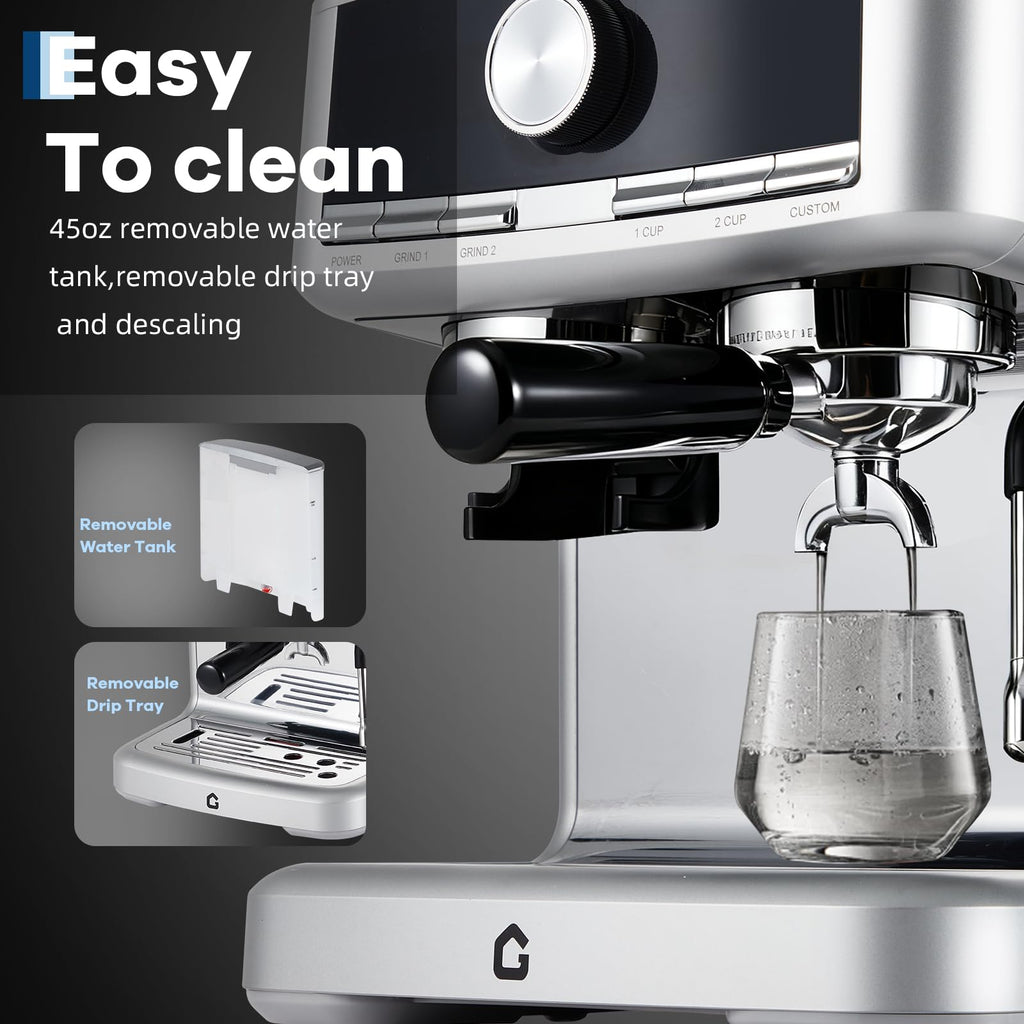 Garvee 20 Bar Pressure Espresso Machine with Grinder, Milk Frother for Home/Office, 1.5L Removable Tank, Silver