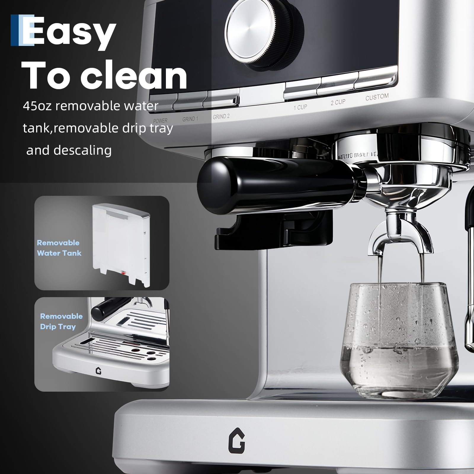 Garvee 20 Bar Pressure Espresso Machine with Grinder, Milk Frother for Home/Office, 1.5L Removable Tank, Silver