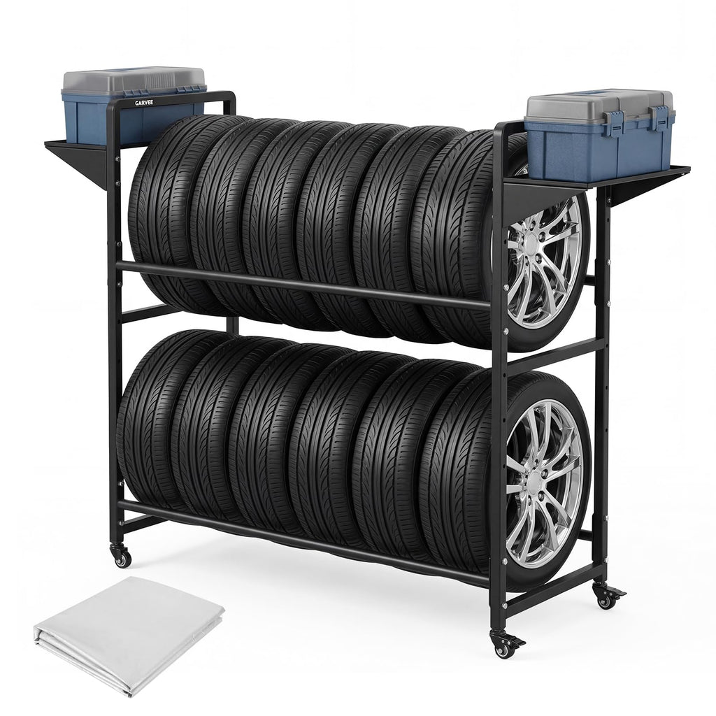 Garvee Tire Storage Rack Adjustable Rolling with Anti-Dust Cover for Garage Organization 57" x 18" x 55", Black