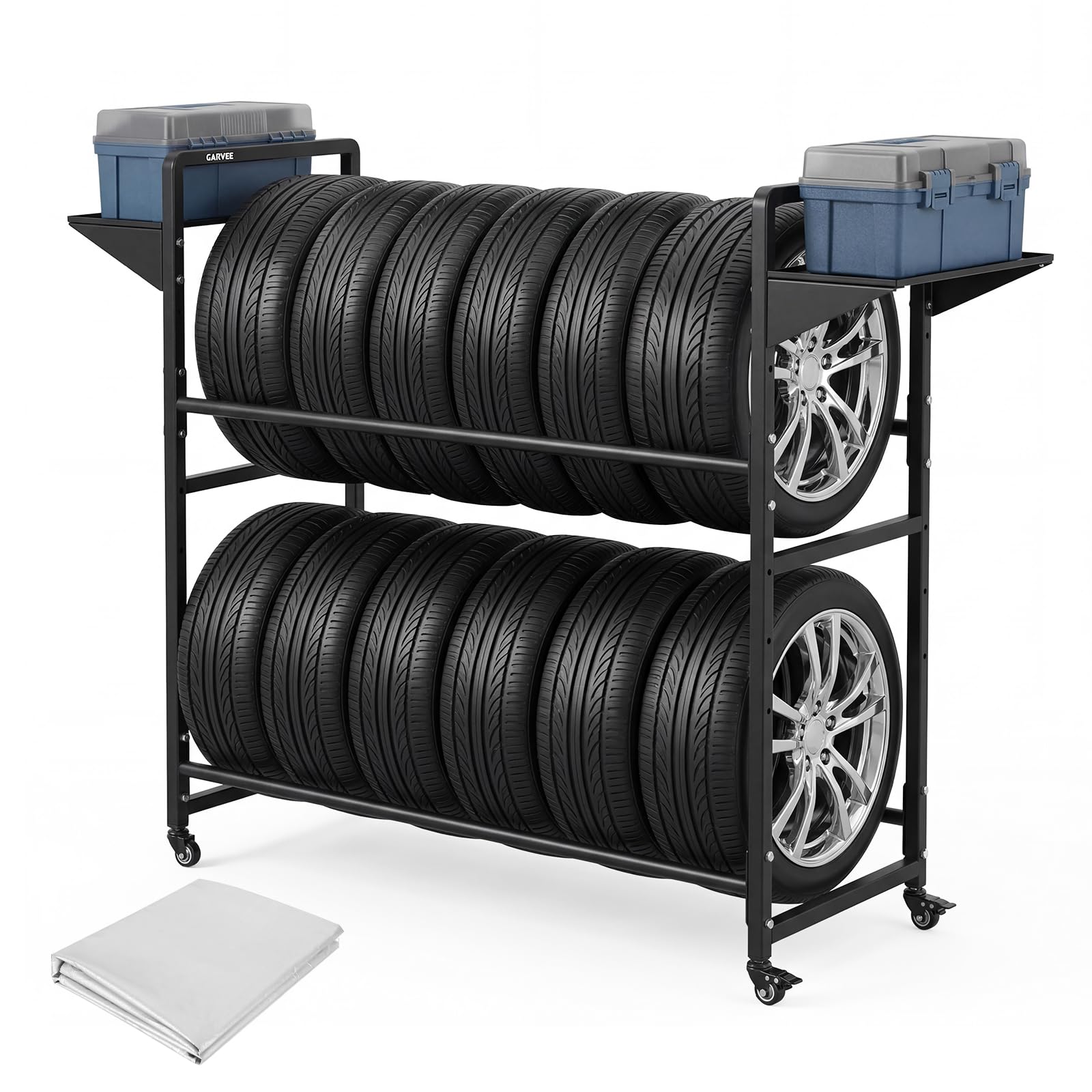 Garvee Tire Storage Rack Adjustable Rolling with Anti-Dust Cover for Garage Organization 57" x 18" x 55", Black