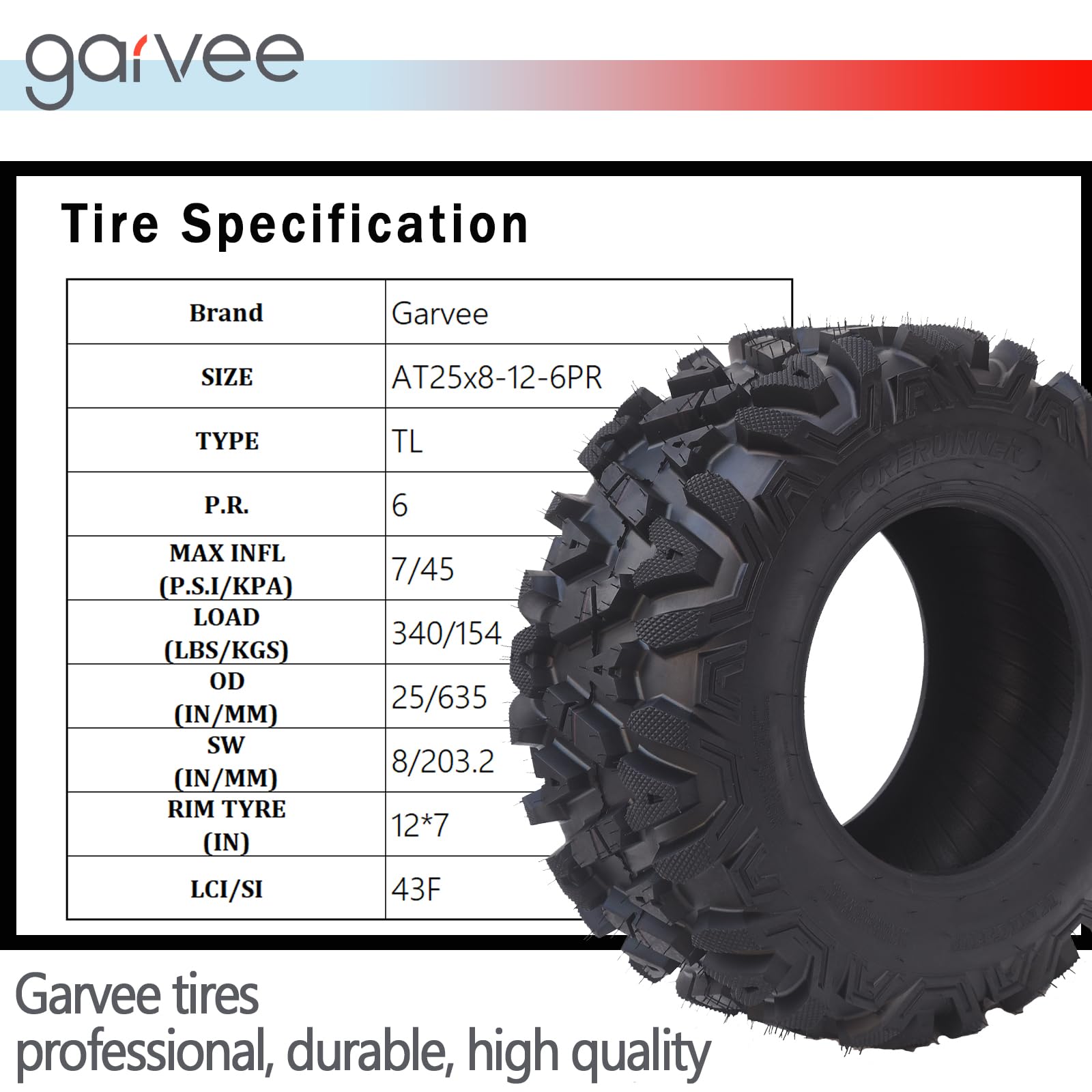 Garvee AT25x8-12-6PR TL UTV ATV Tire Tubeless 6-Ply Off-Road 25in OD 8in SW Black