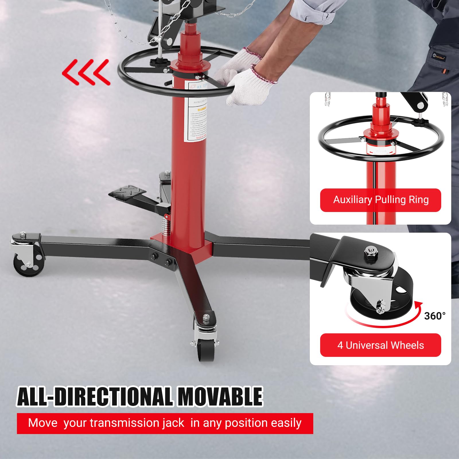 Garvee 1100lbs Hydraulic Telescoping Transmission Jack - Adjustable Stand with Foot Pedal, 34.3"-68.5" Lift Range, 360° Swivel Wheels, Red
